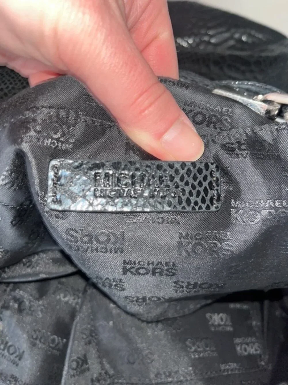 Michael Kors Black Embossed Snakeskin Hobo Shoulder Bag Silver Hardware